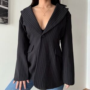 90s  Black Pinstripe Longline Blazer Preppy Minimalist Tailored Jacket